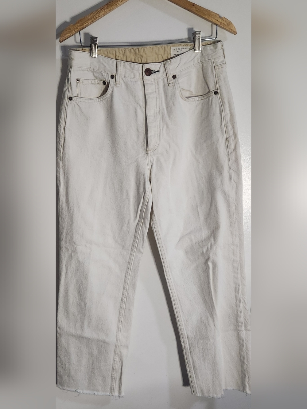 Rag And Bone High Rise Jeans Organic Cotton Ivory With Frayed Hem Size 30 X 28